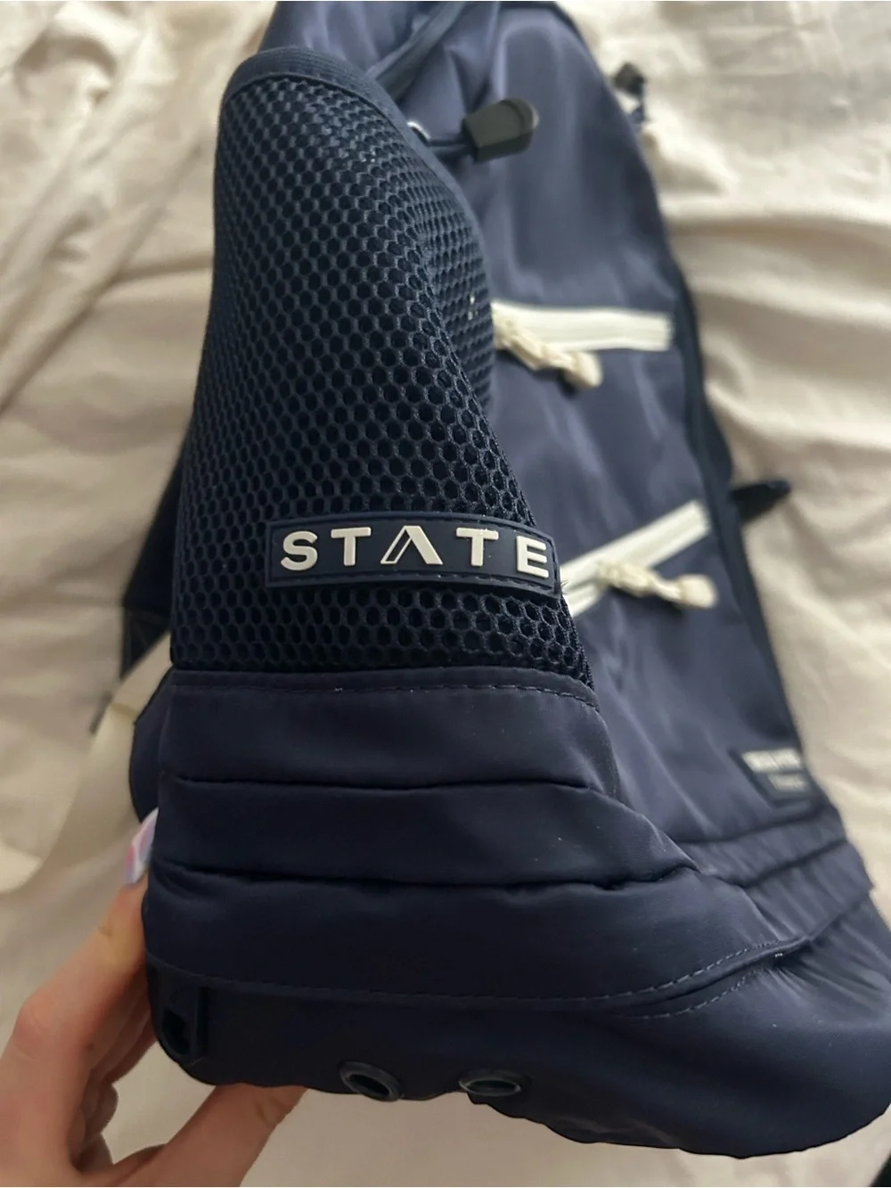 STATE Navy Paddle Backpack with White Zipper Accents